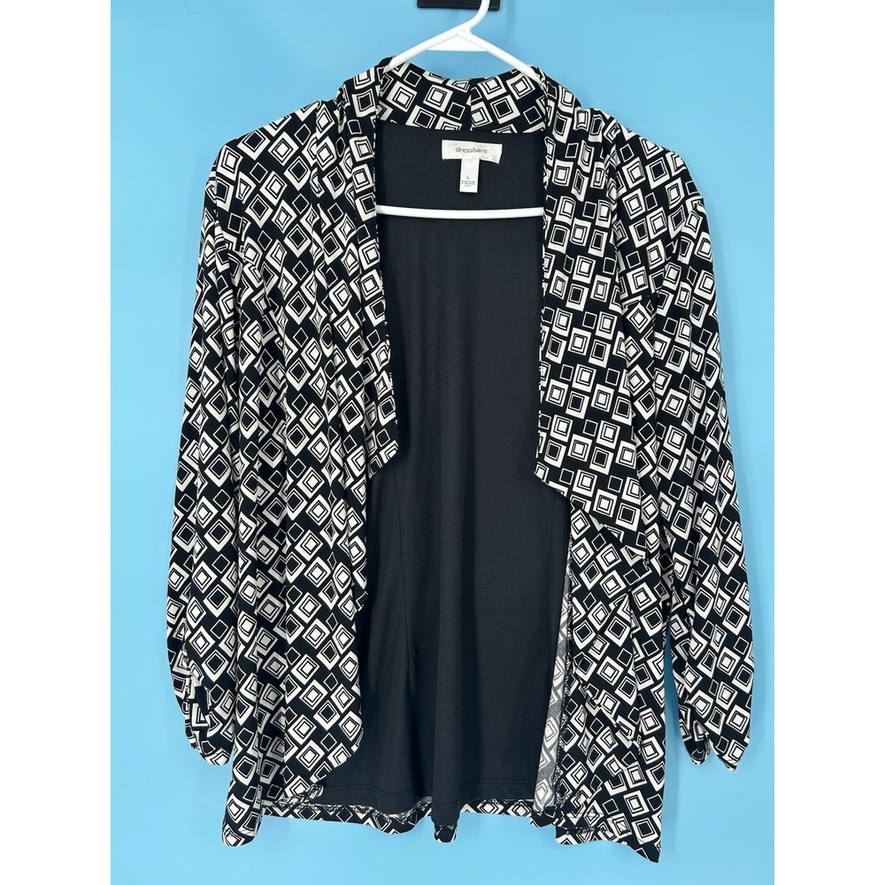 Dressbarn Womens Black & White Open-Front Cardigan Jacket With Geometric Print L